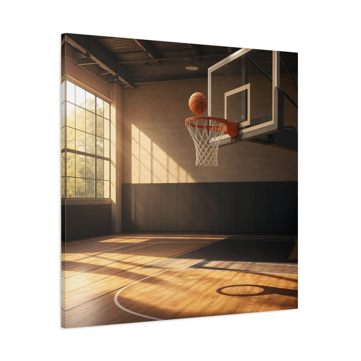 Side Mockup 1. Sunlit Basketball Hoop shown as canvas print