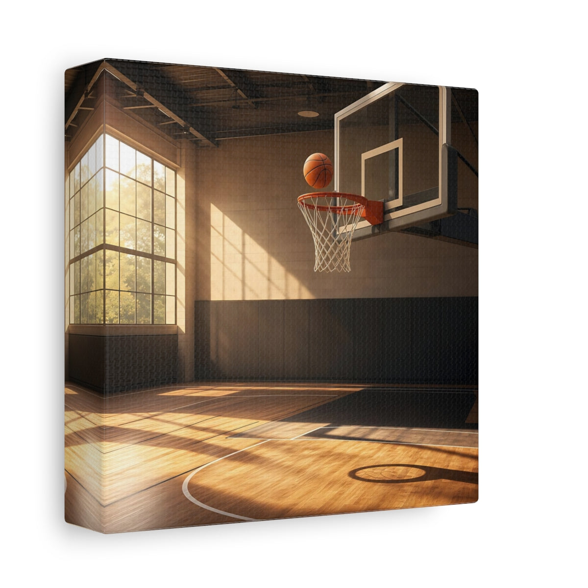 Side Mockup 2. Sunlit Basketball Hoop shown as canvas print