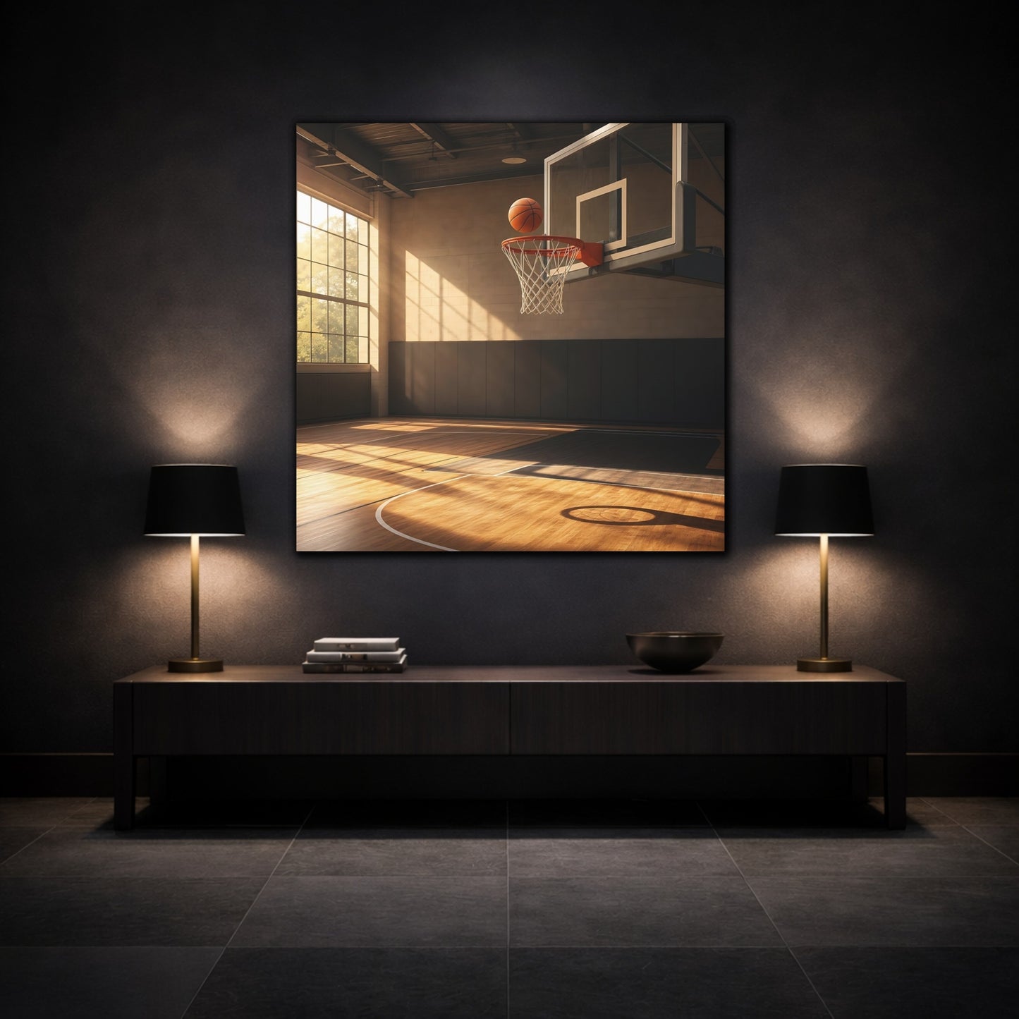Mockup 3. Sunlit Basketball Hoop shown as canvas print