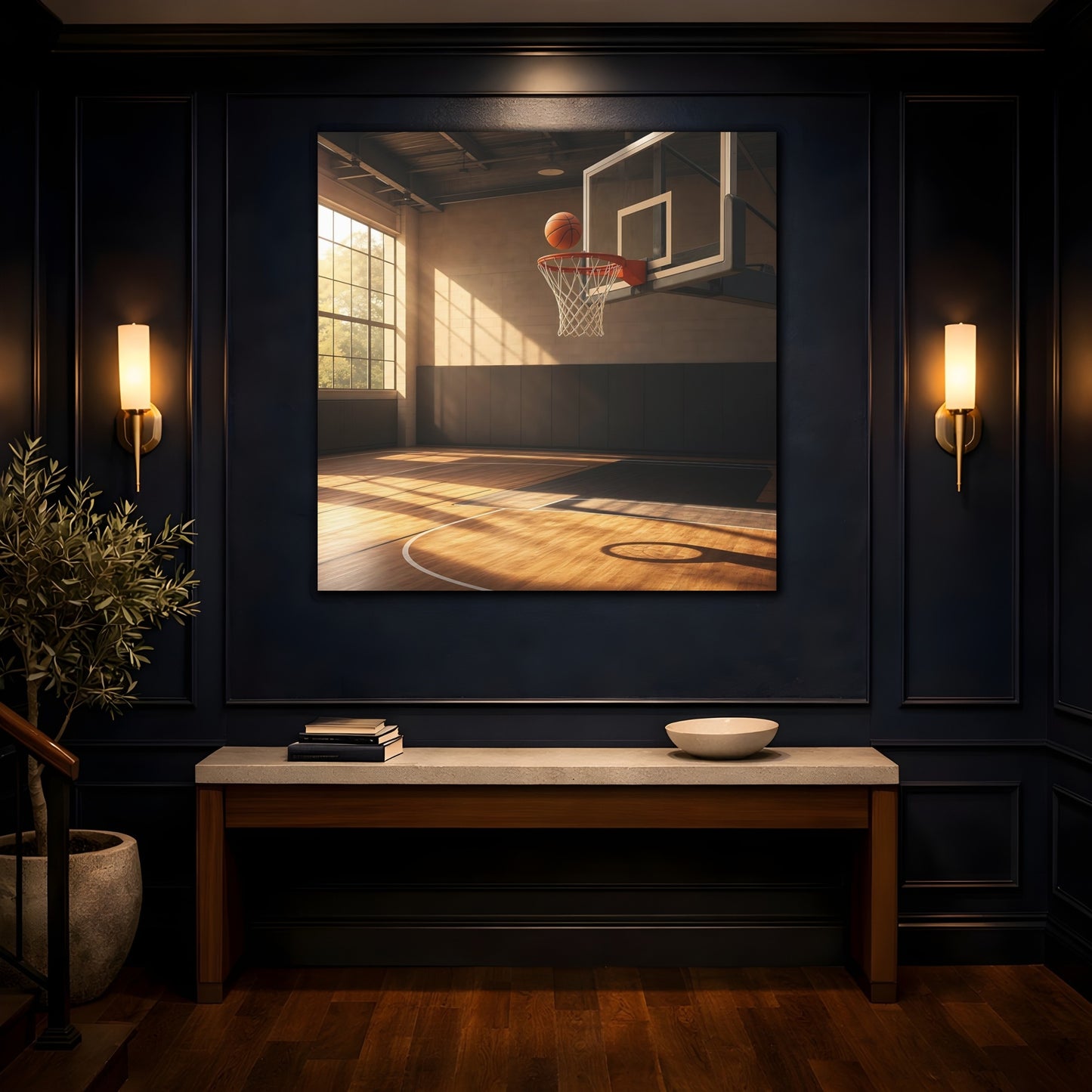 Mockup 4. Sunlit Basketball Hoop shown as canvas print