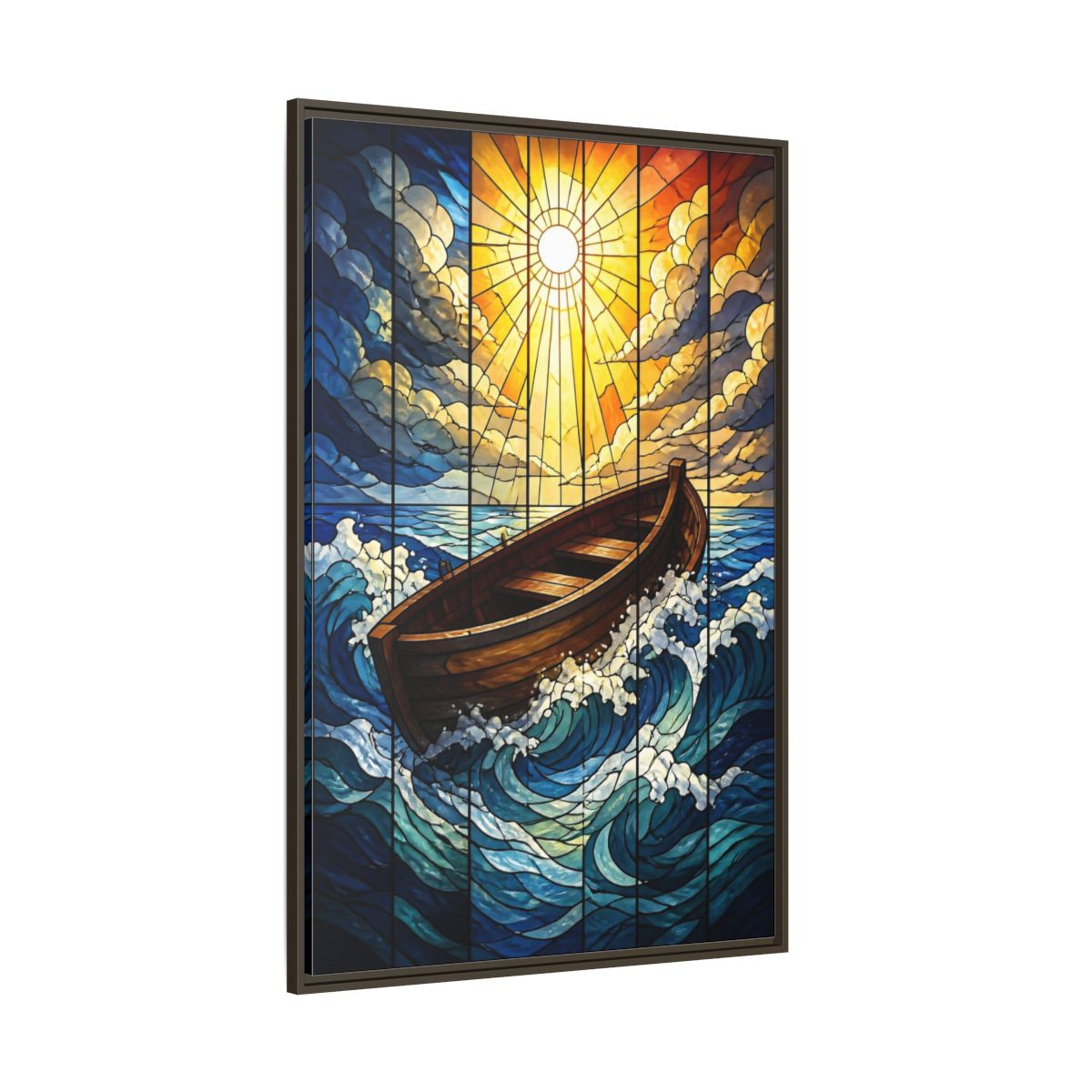 Side Mockup 8. Sunlit Boat Motivation shown as framed canvas print