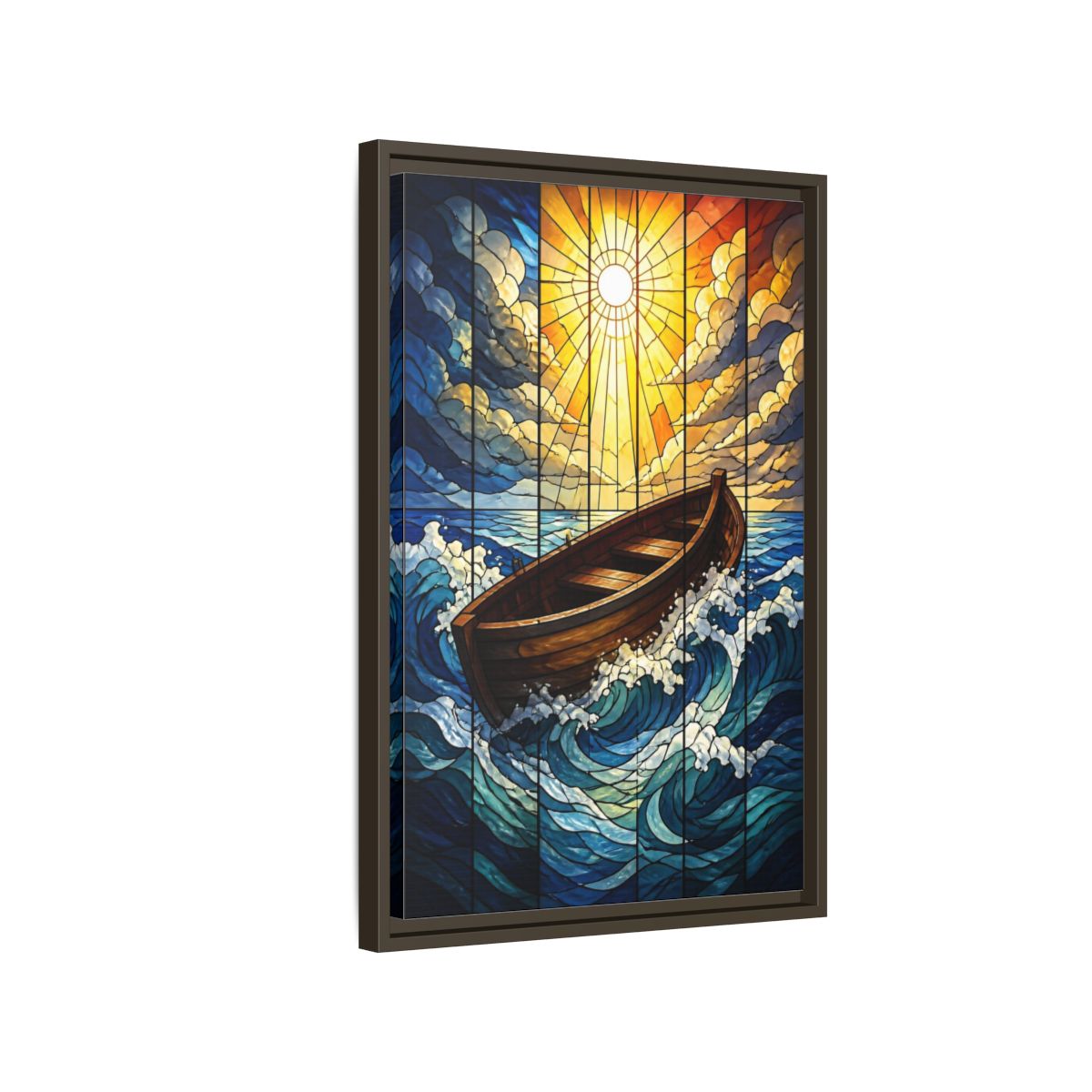 Side Mockup 2. Sunlit Boat Motivation shown as framed canvas print