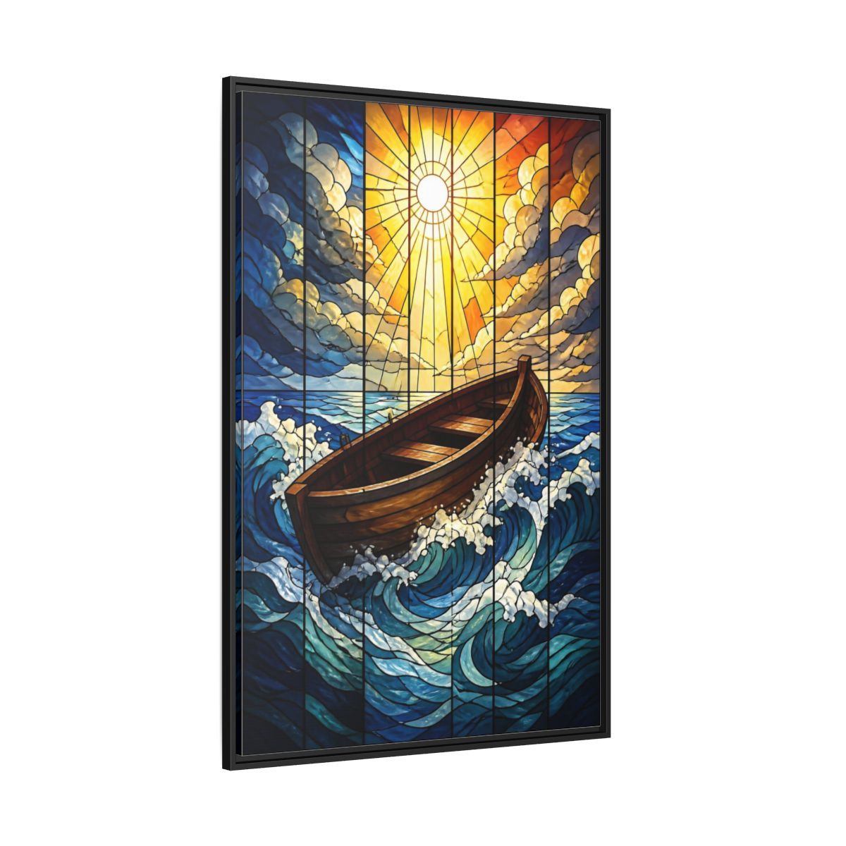 Side Mockup 12. Sunlit Boat Motivation shown as framed canvas print