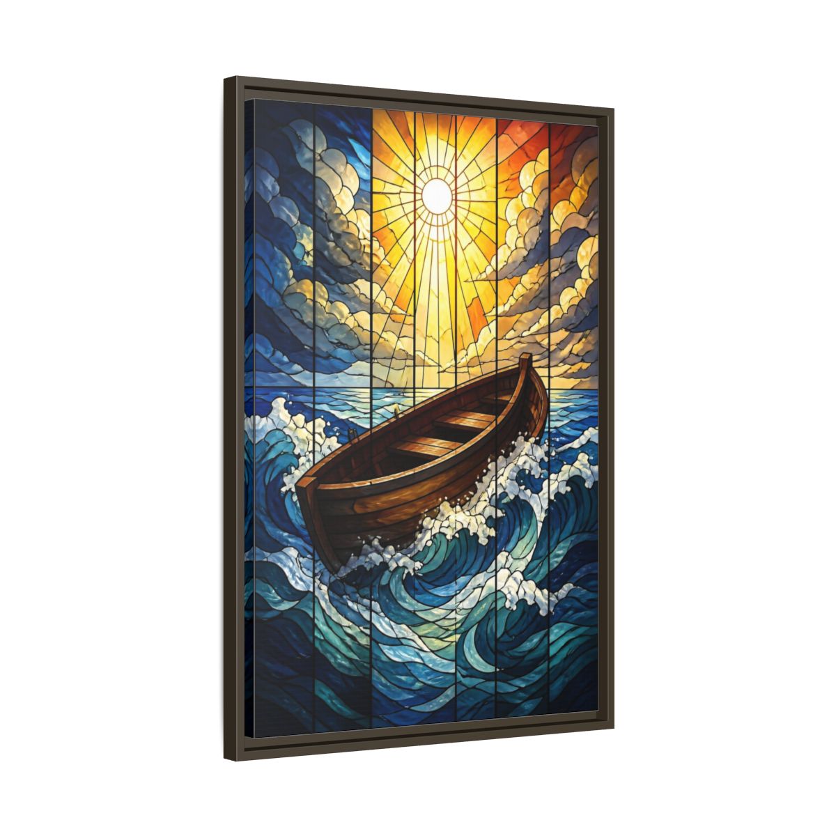 Side Mockup 11. Sunlit Boat Motivation shown as framed canvas print