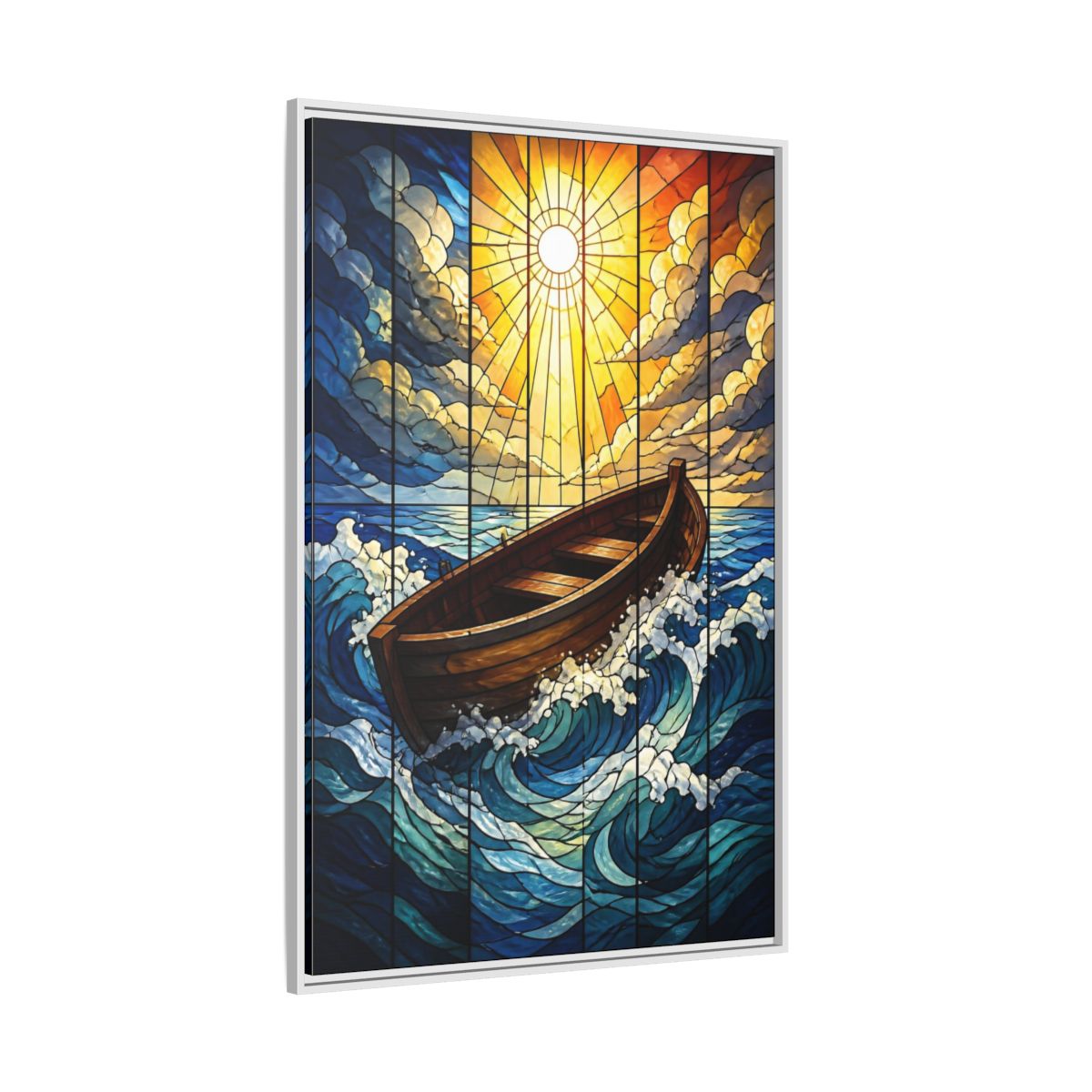 Side Mockup 7. Sunlit Boat Motivation shown as framed canvas print