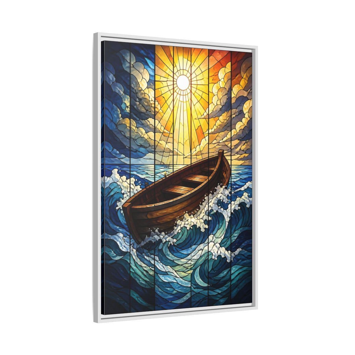 Side Mockup 9. Sunlit Boat Motivation shown as framed canvas print