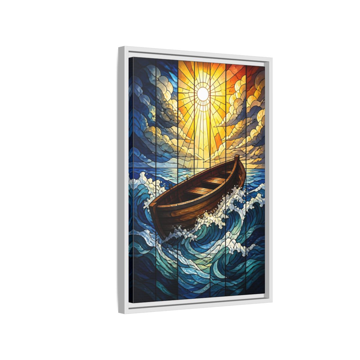 Side Mockup 1. Sunlit Boat Motivation shown as framed canvas print