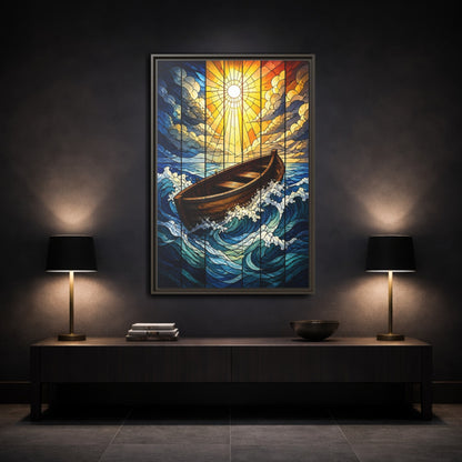 Mockup 3. Sunlit Boat Motivation shown as framed canvas print