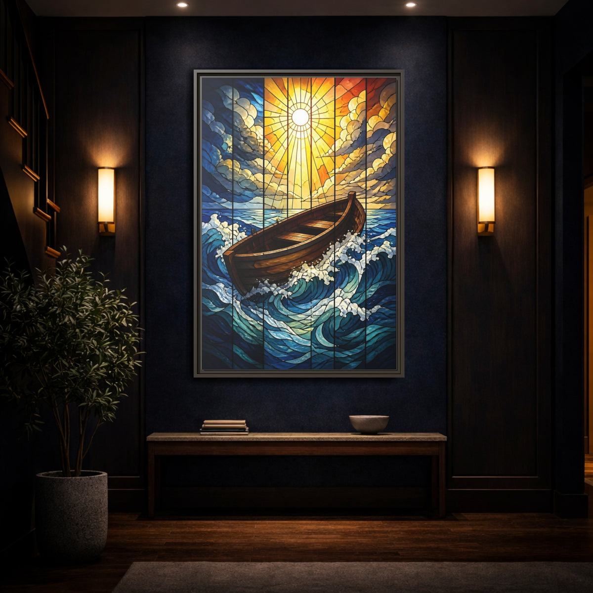 Mockup 4. Sunlit Boat Motivation shown as framed canvas print