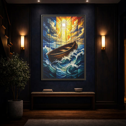 Mockup 4. Sunlit Boat Motivation shown as framed canvas print