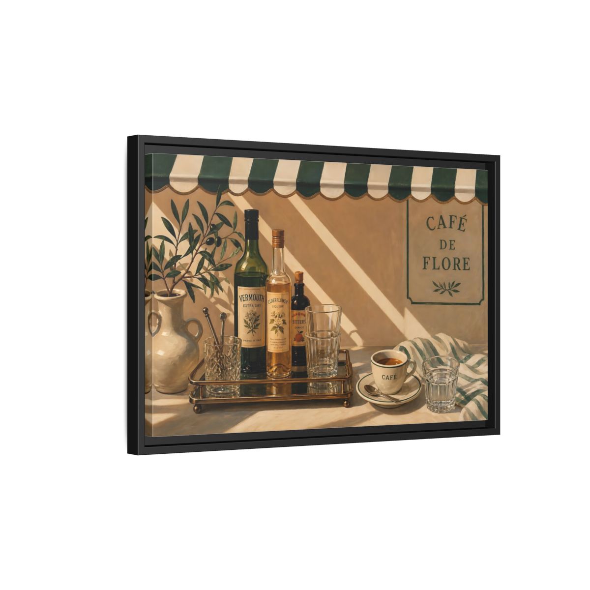 Side Mockup 3. Sunlit Café Counter shown as framed canvas print