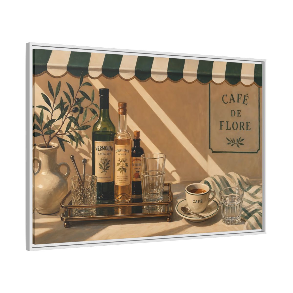 Side Mockup 7. Sunlit Café Counter shown as framed canvas print
