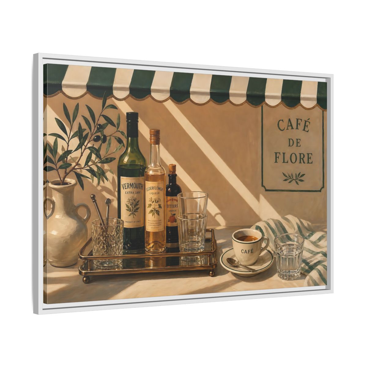 Side Mockup 9. Sunlit Café Counter shown as framed canvas print