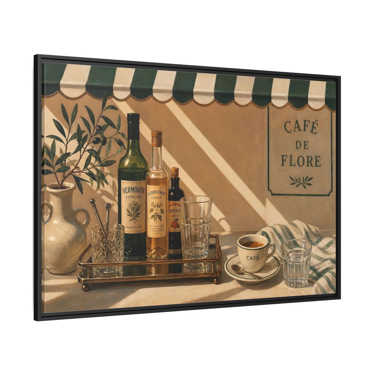 Side Mockup 12. Sunlit Café Counter shown as framed canvas print
