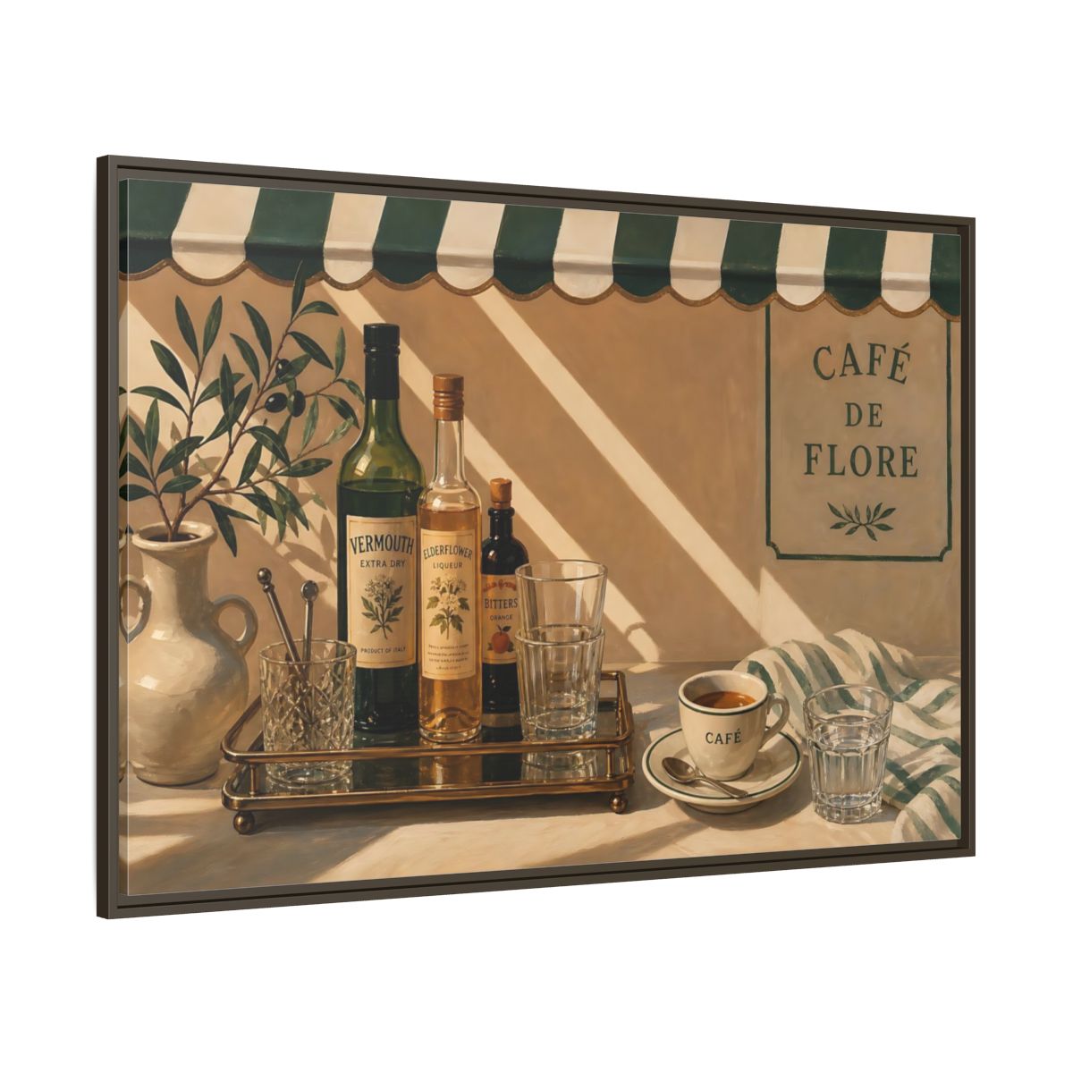 Side Mockup 8. Sunlit Café Counter shown as framed canvas print