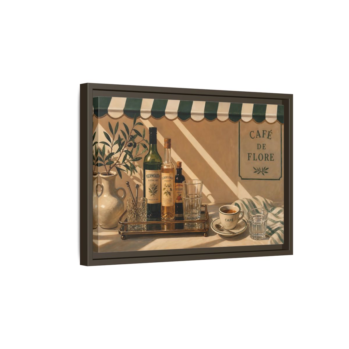 Side Mockup 5. Sunlit Café Counter shown as framed canvas print
