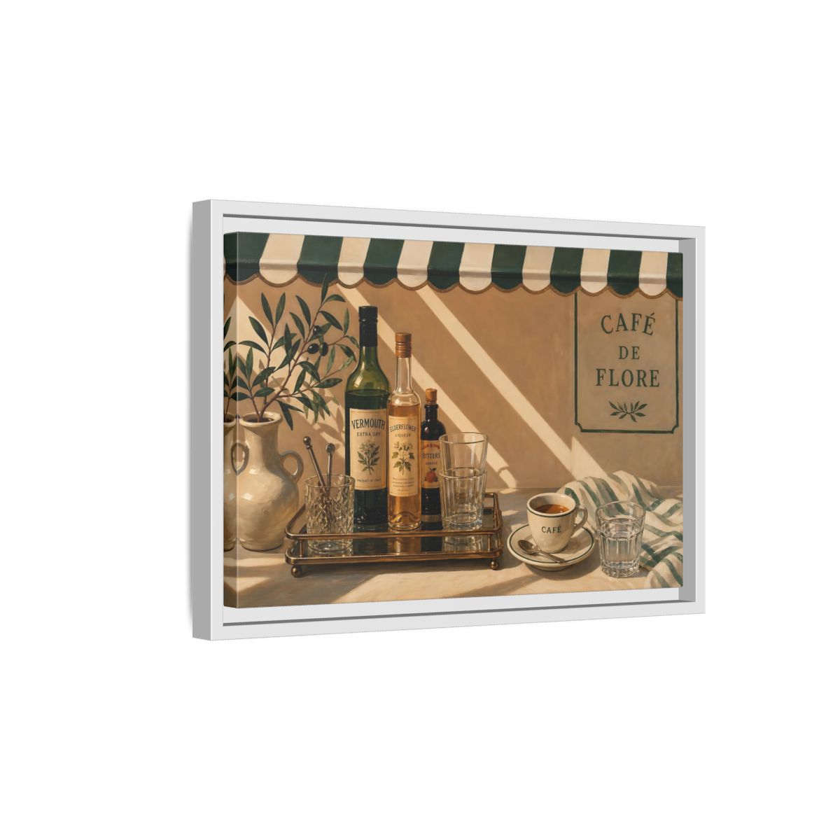 Side Mockup 4. Sunlit Café Counter shown as framed canvas print