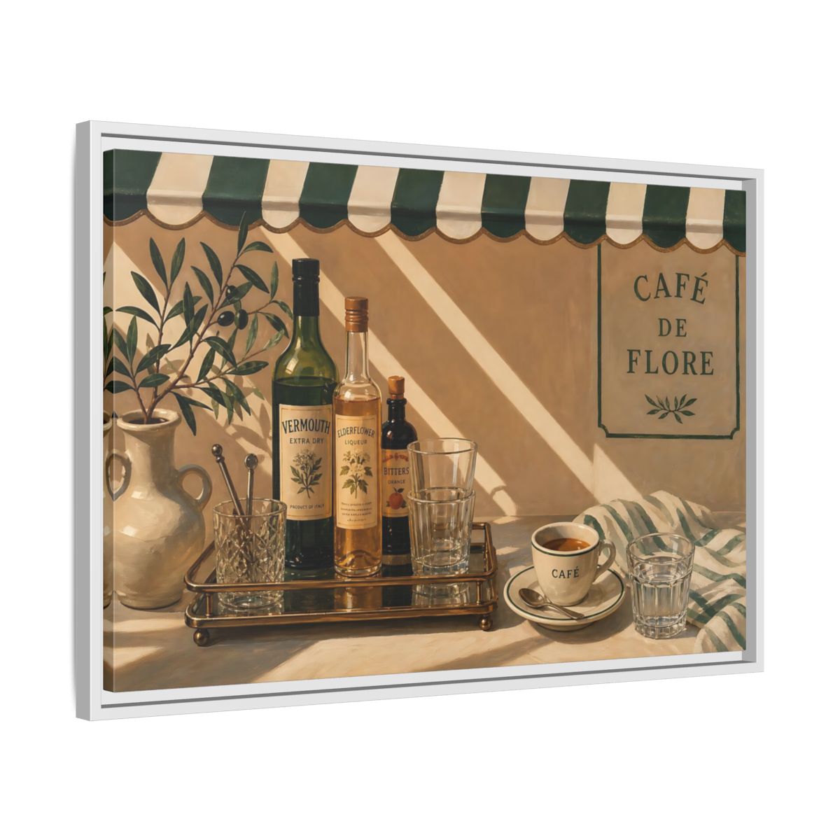 Side Mockup 10. Sunlit Café Counter shown as framed canvas print