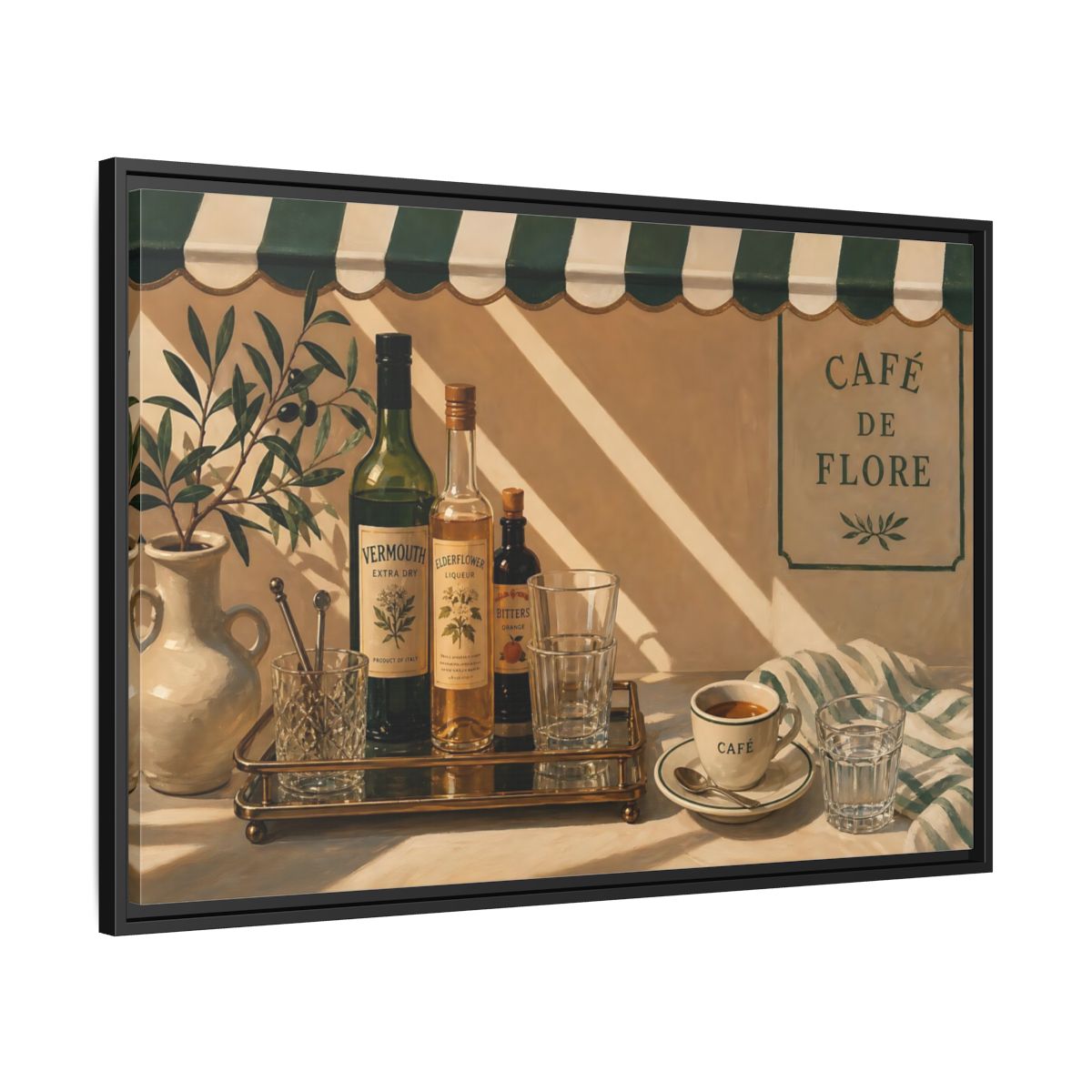Side Mockup 13. Sunlit Café Counter shown as framed canvas print