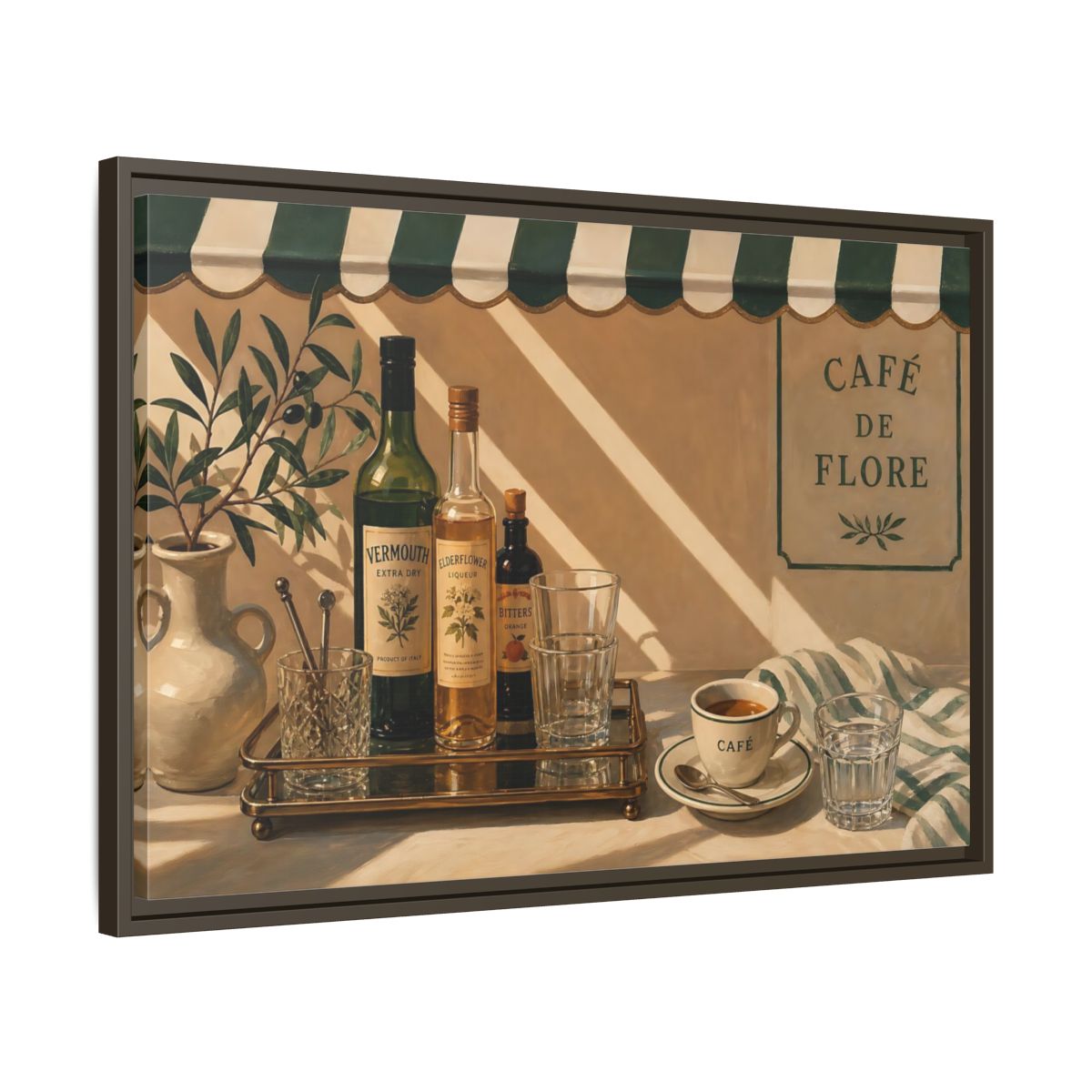 Side Mockup 11. Sunlit Café Counter shown as framed canvas print