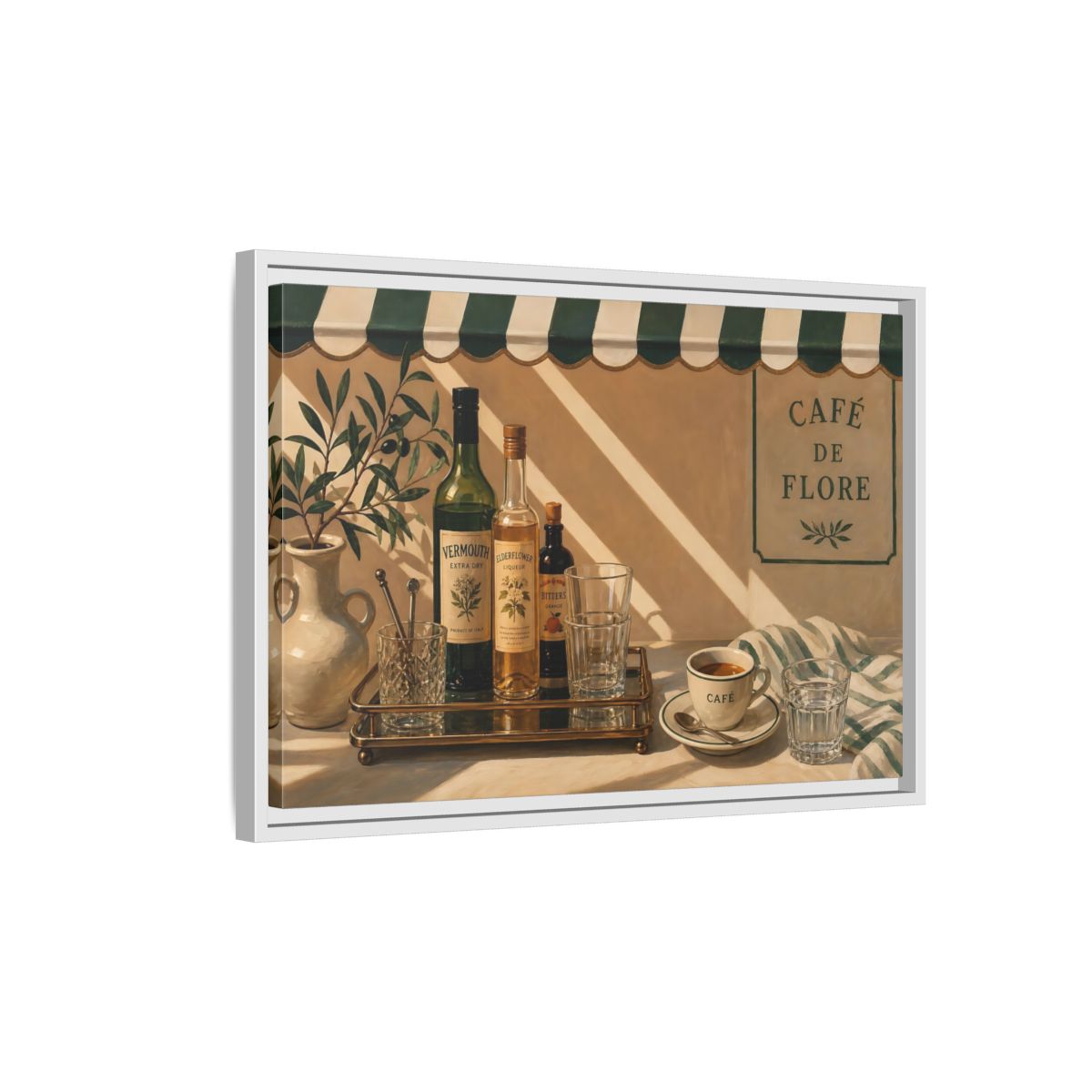 Side Mockup 1. Sunlit Café Counter shown as framed canvas print