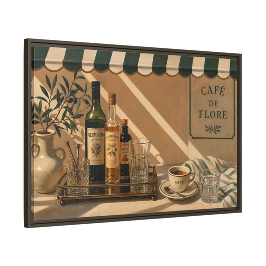 Main Mockup. Sunlit Café Counter shown as framed canvas print