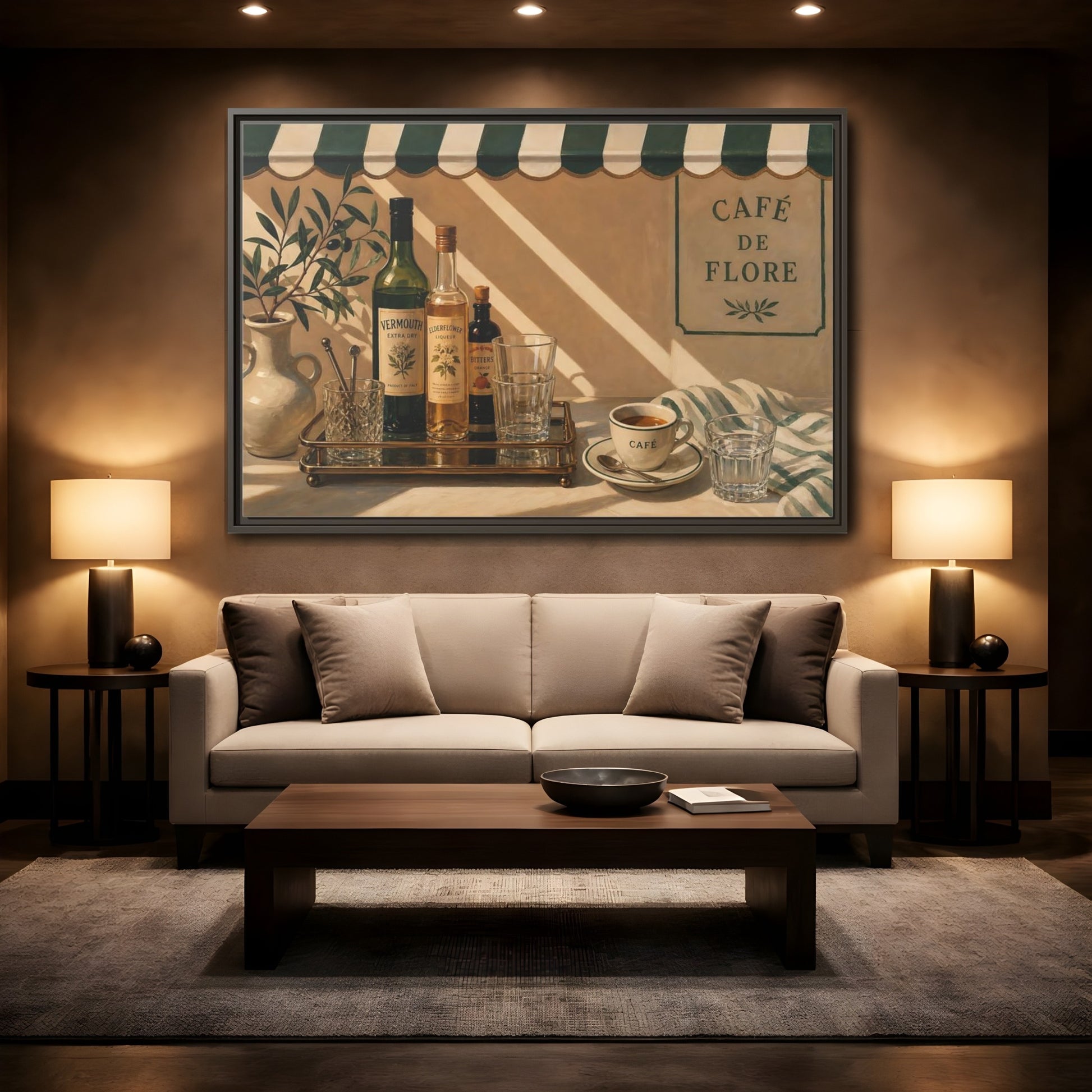 Mockup 2. Sunlit Café Counter shown as framed canvas print