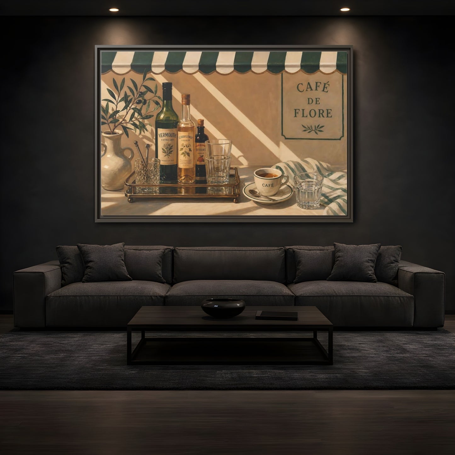 Mockup 3. Sunlit Café Counter shown as framed canvas print