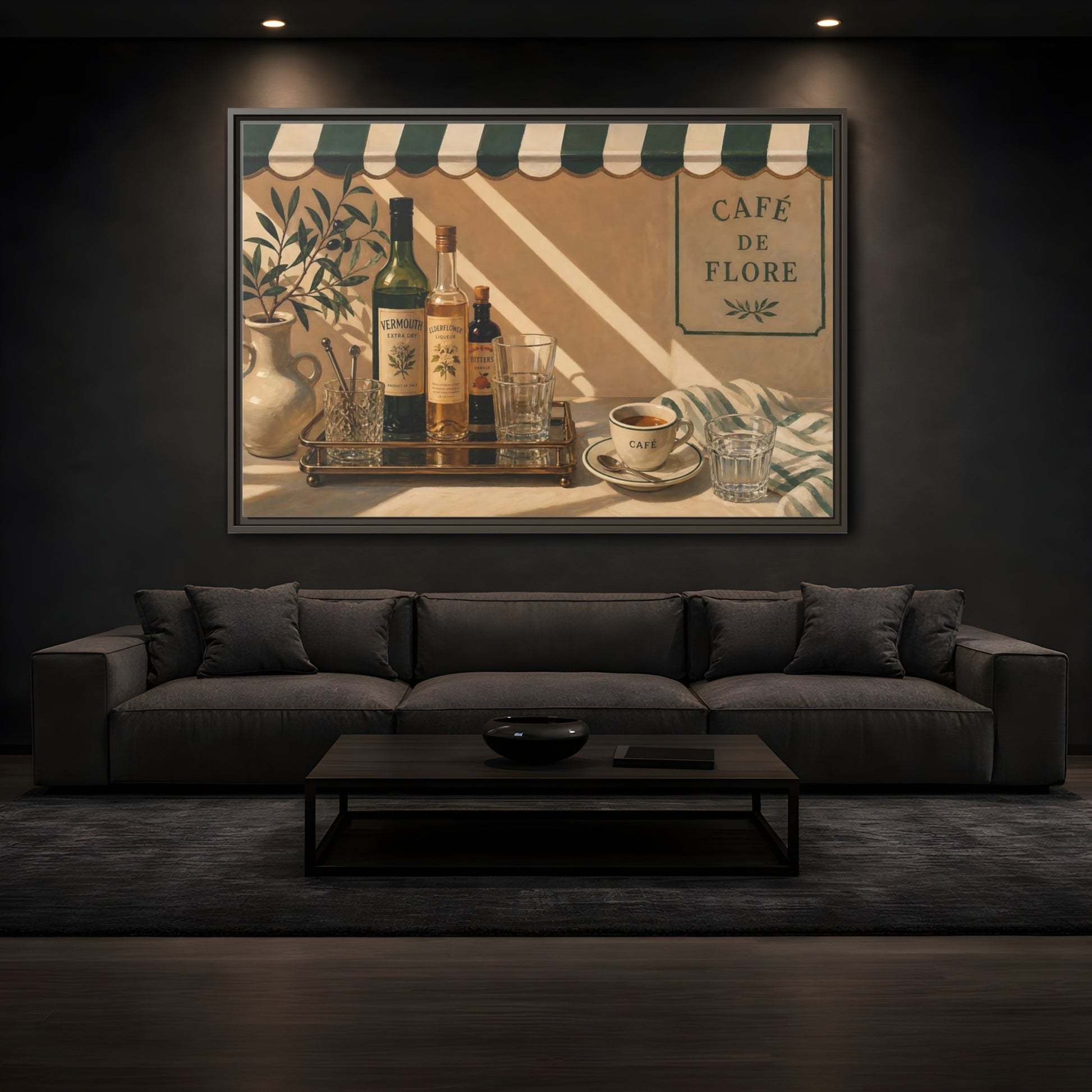 Mockup 3. Sunlit Café Counter shown as framed canvas print