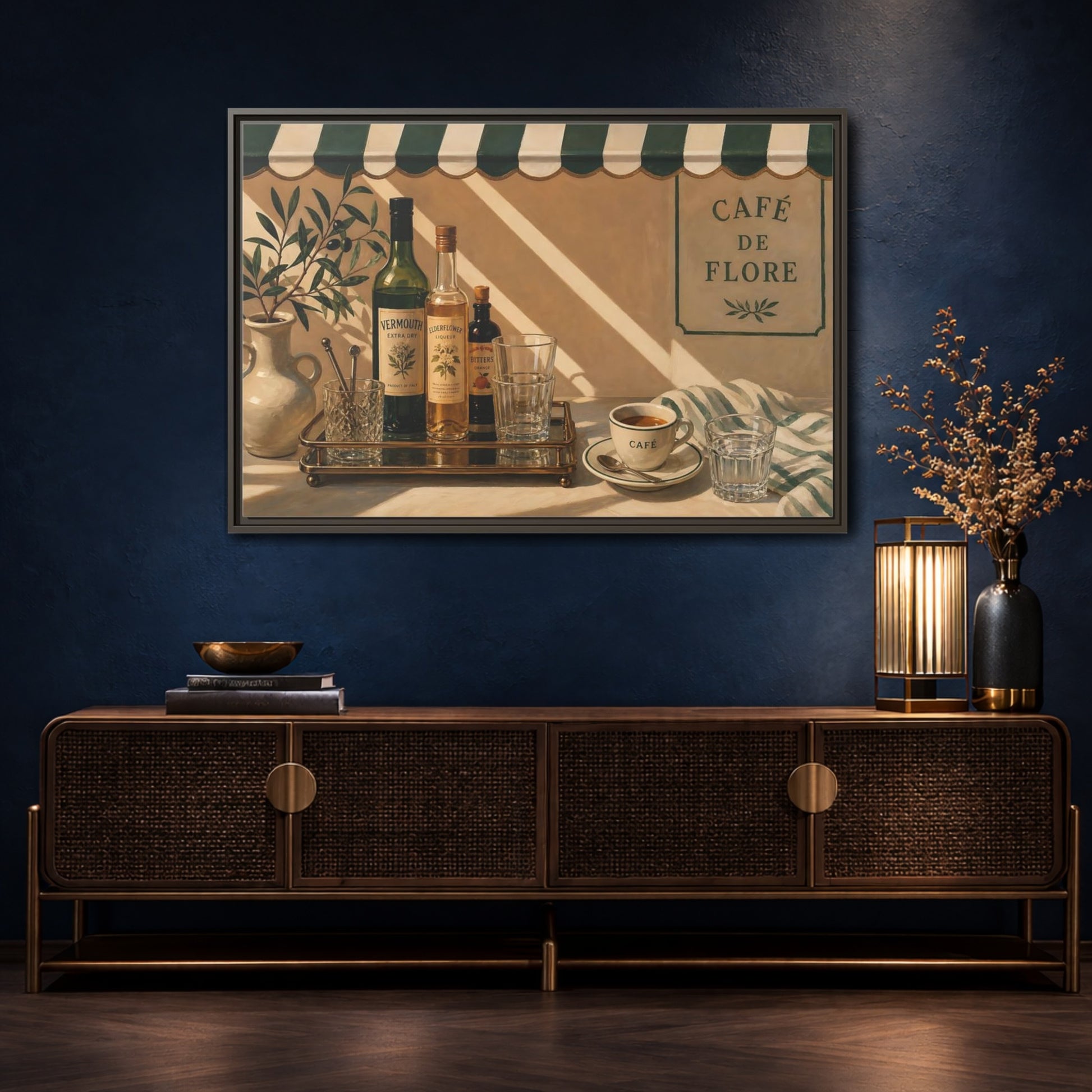 Mockup 4. Sunlit Café Counter shown as framed canvas print