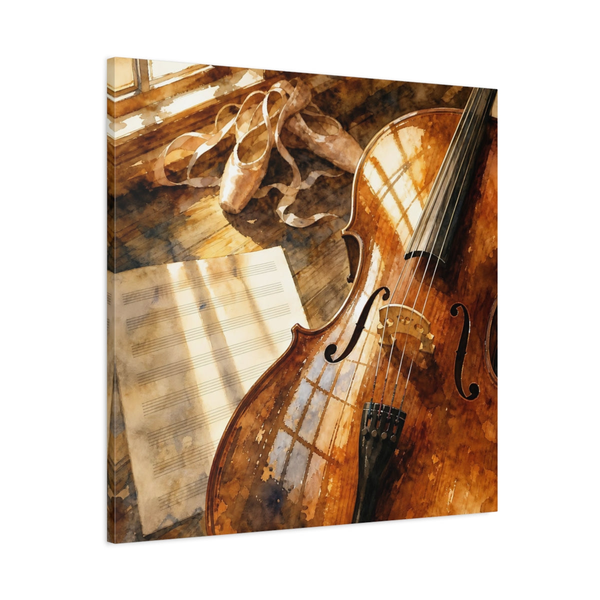 Main Mockup. Sunlit Cello And Ballet Shoes shown as canvas print