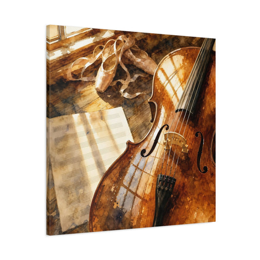 Main Mockup. Sunlit Cello And Ballet Shoes shown as canvas print