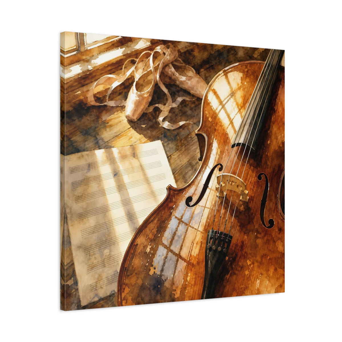 Side Mockup 3. Sunlit Cello And Ballet Shoes shown as canvas print