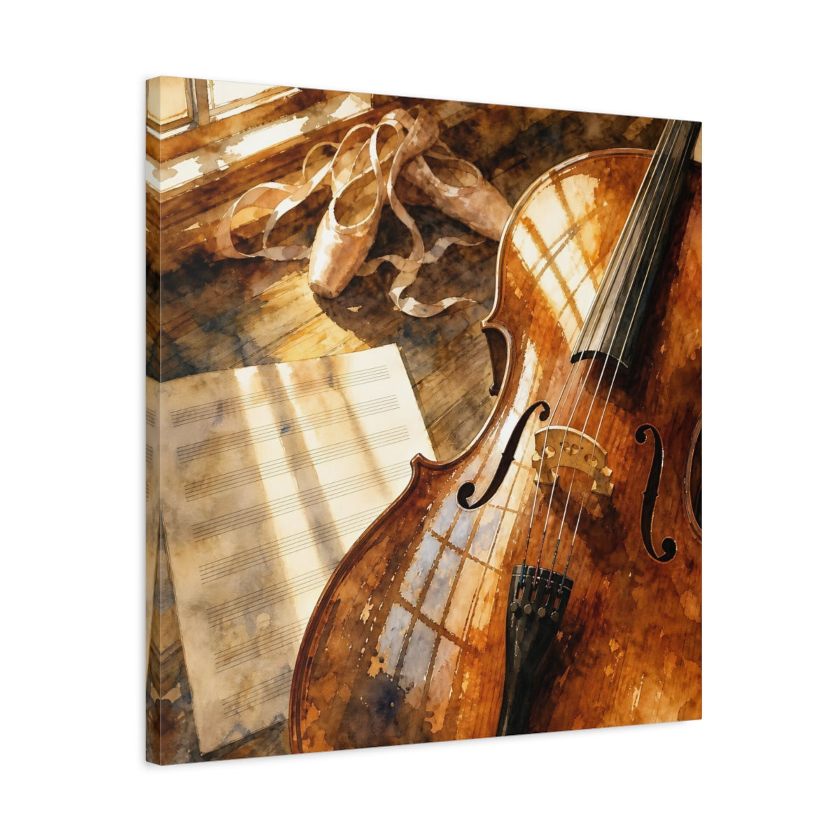 Side Mockup 4. Sunlit Cello And Ballet Shoes shown as canvas print