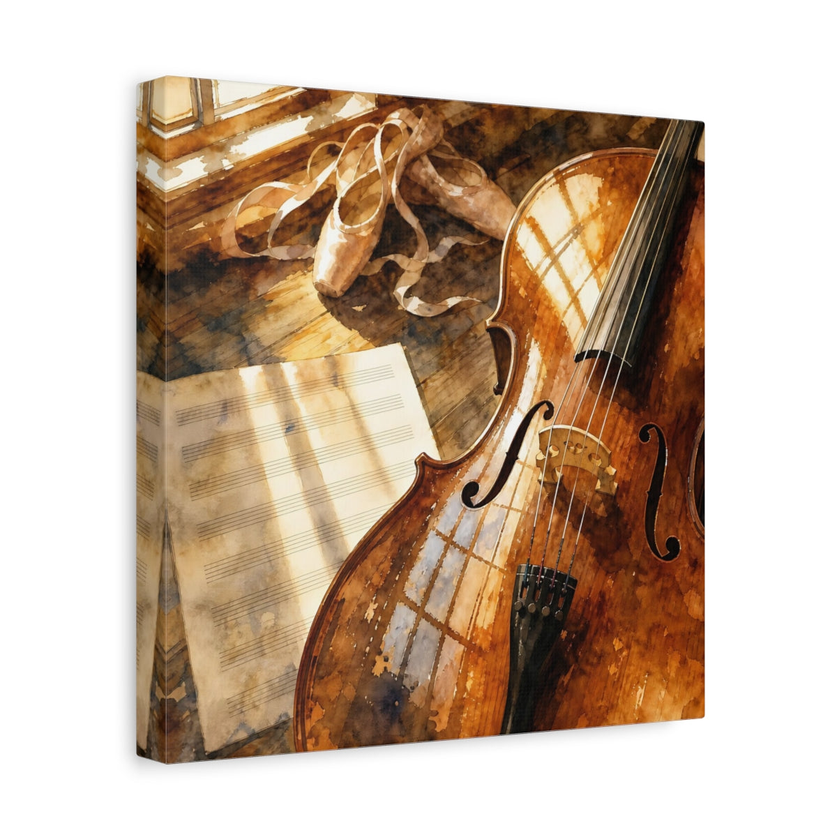 Side Mockup 8. Sunlit Cello And Ballet Shoes shown as canvas print