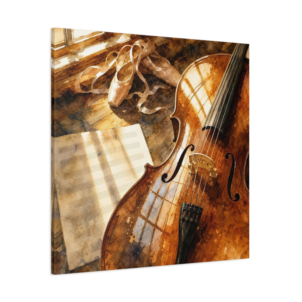 Side Mockup 1. Sunlit Cello And Ballet Shoes shown as canvas print