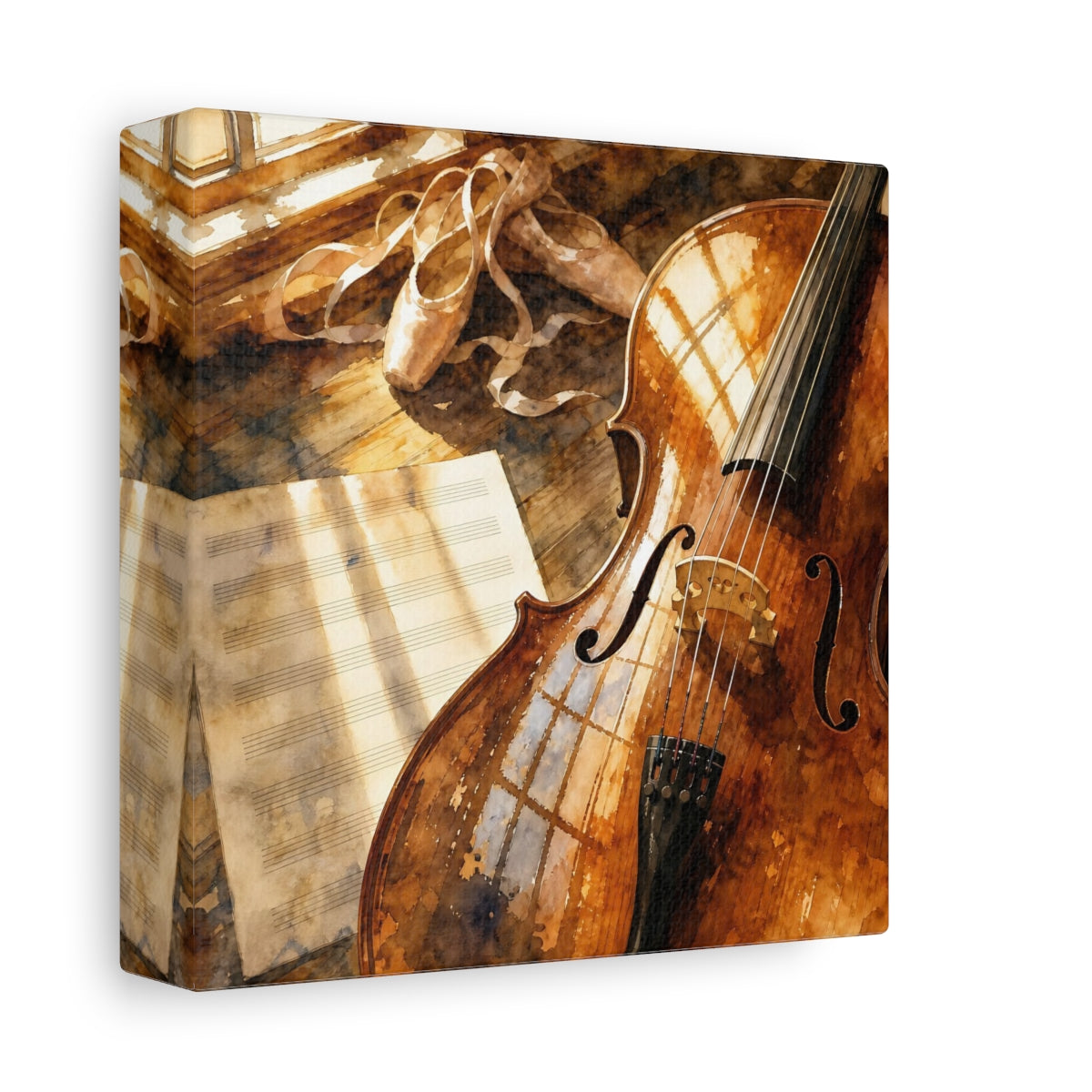 Side Mockup 2. Sunlit Cello And Ballet Shoes shown as canvas print