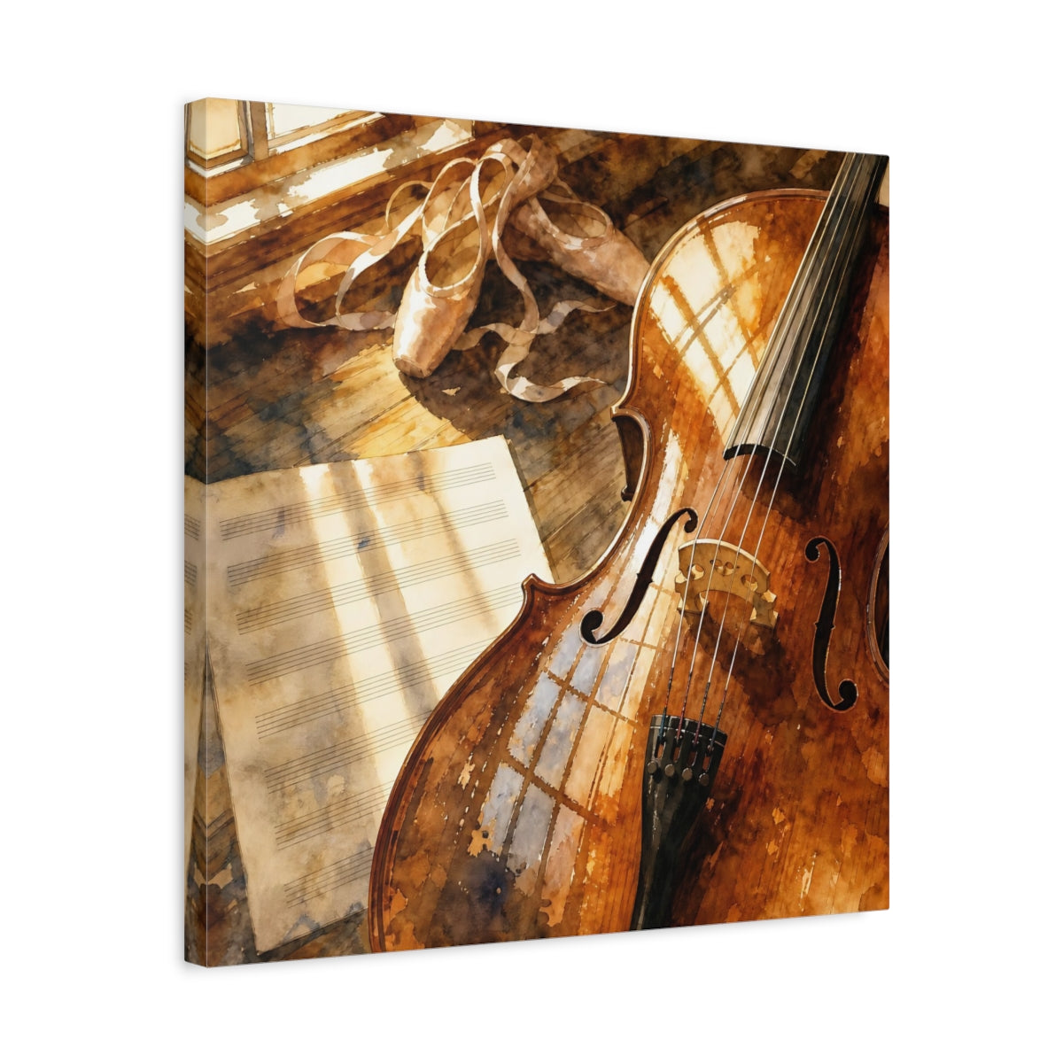 Side Mockup 5. Sunlit Cello And Ballet Shoes shown as canvas print