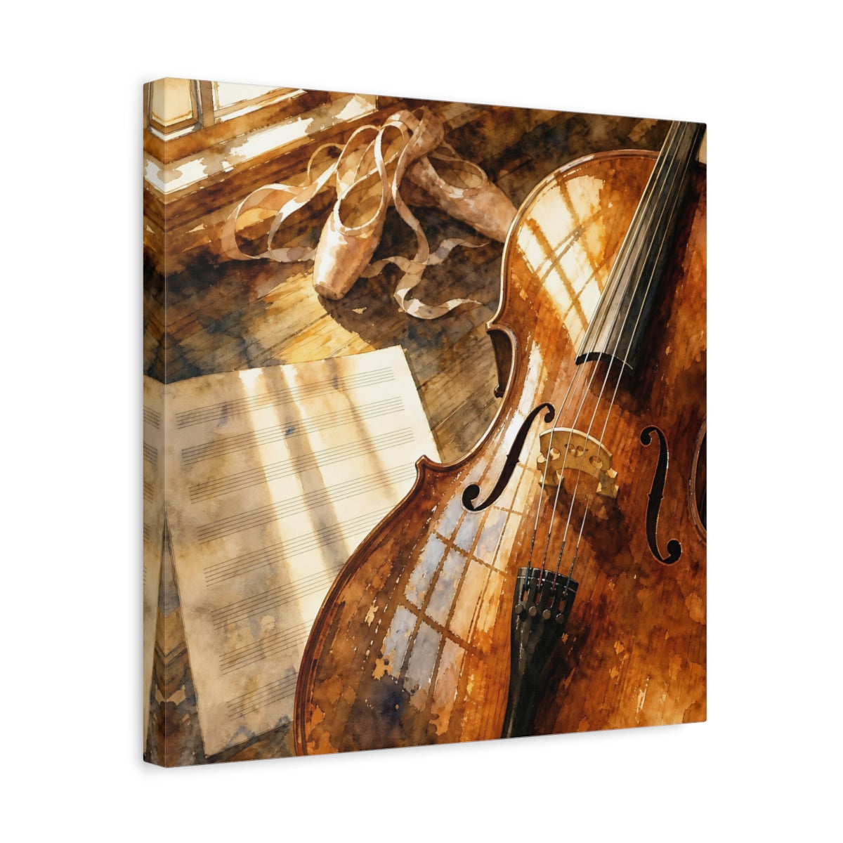Side Mockup 6. Sunlit Cello And Ballet Shoes shown as canvas print