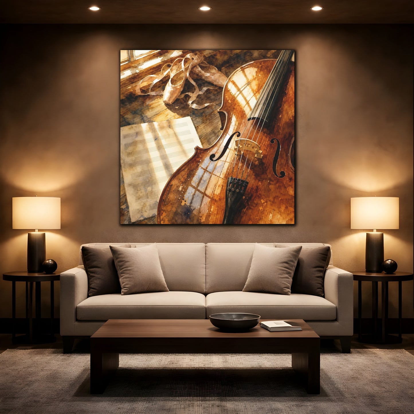 Mockup 2. Sunlit Cello And Ballet Shoes shown as canvas print