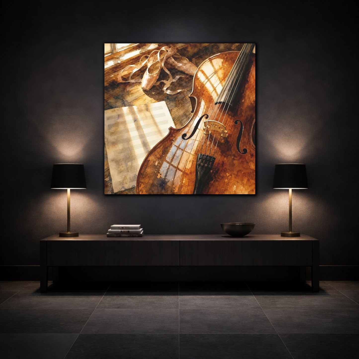 Mockup 3. Sunlit Cello And Ballet Shoes shown as canvas print