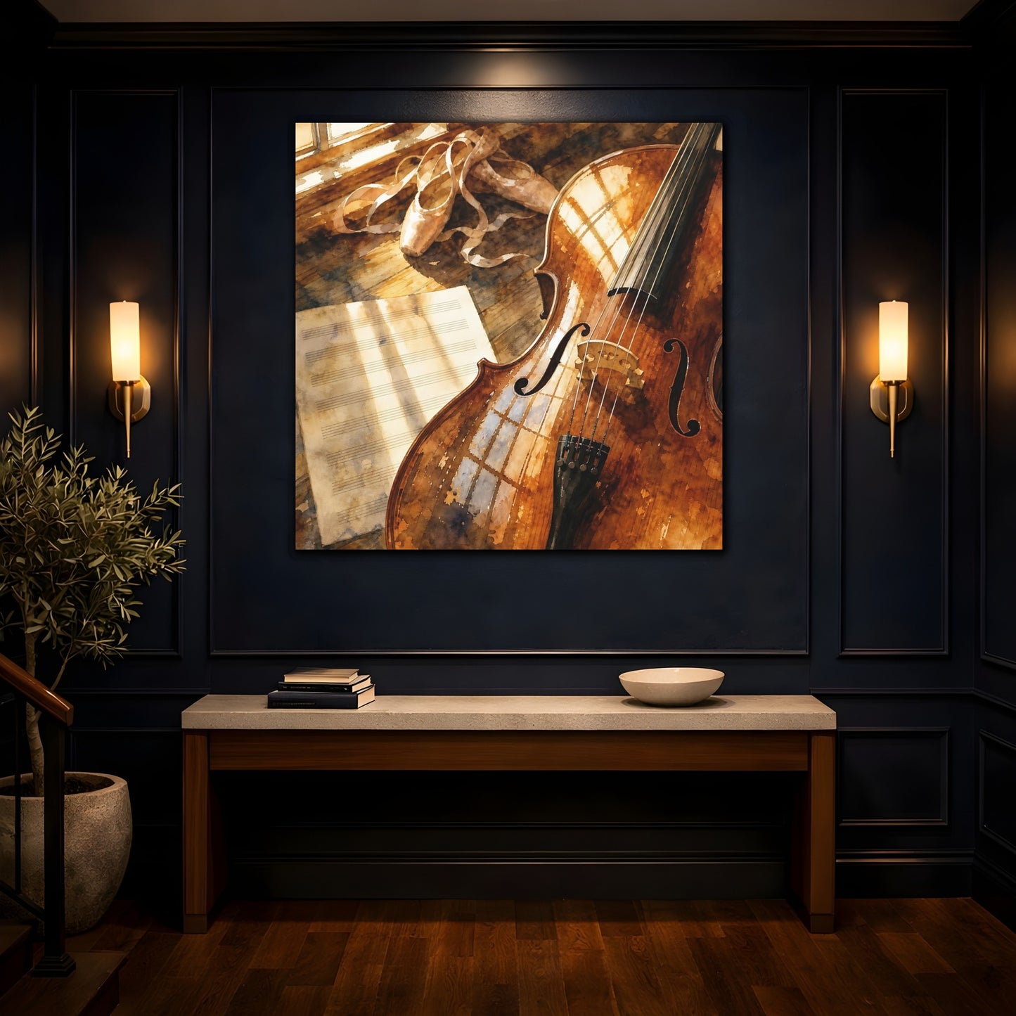 Mockup 4. Sunlit Cello And Ballet Shoes shown as canvas print