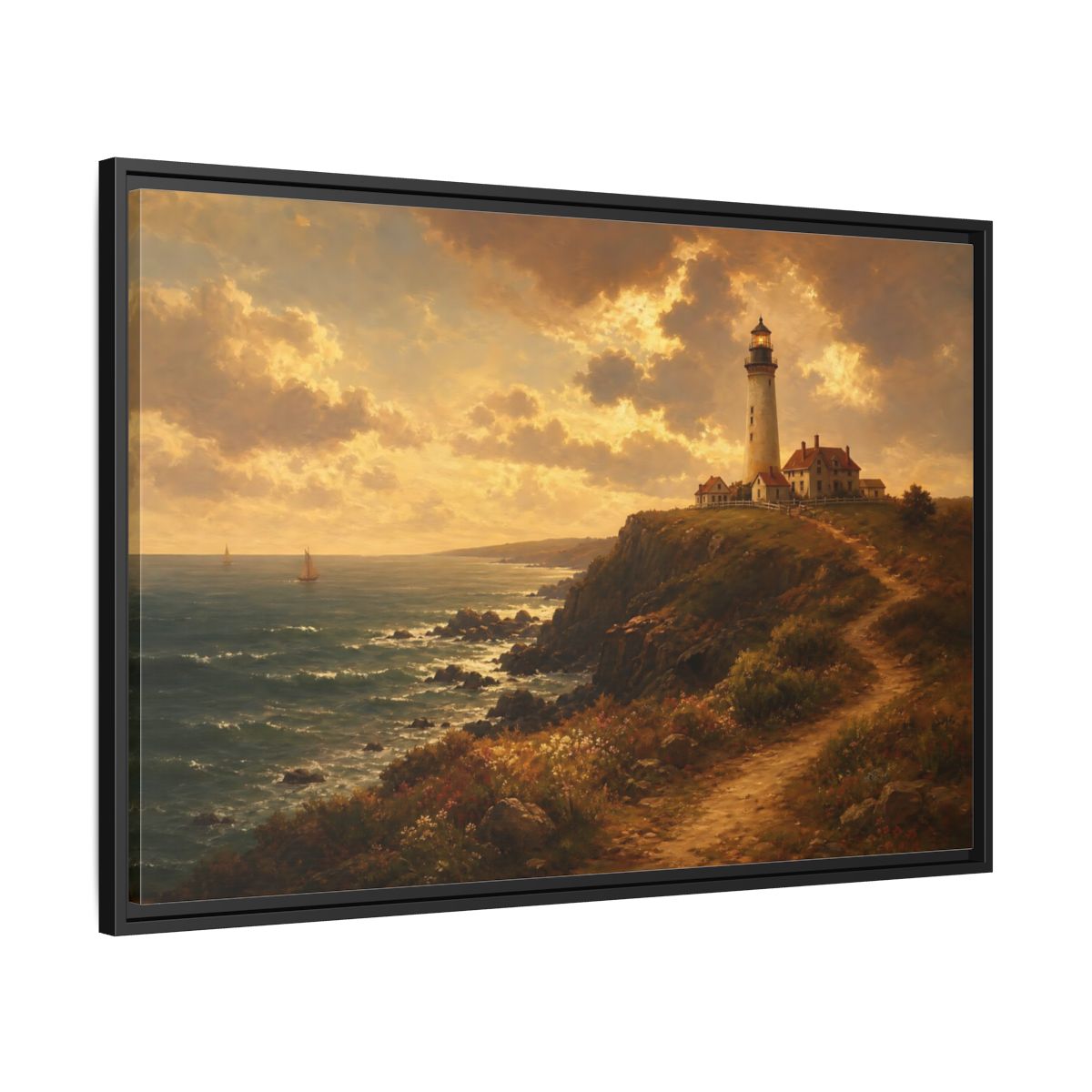 Side Mockup 13. Sunlit Cliff Lighthouse shown as framed canvas print