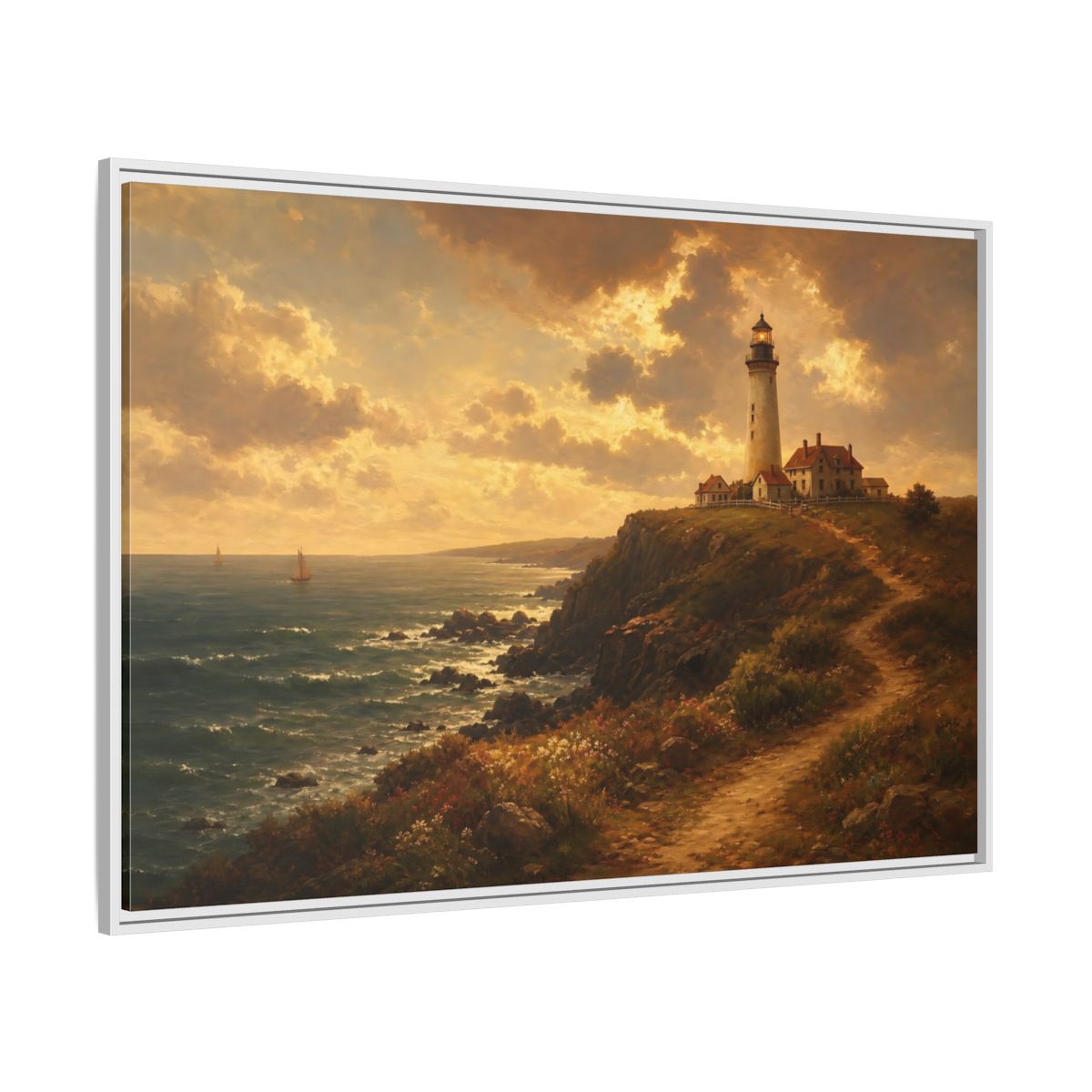 Side Mockup 7. Sunlit Cliff Lighthouse shown as framed canvas print