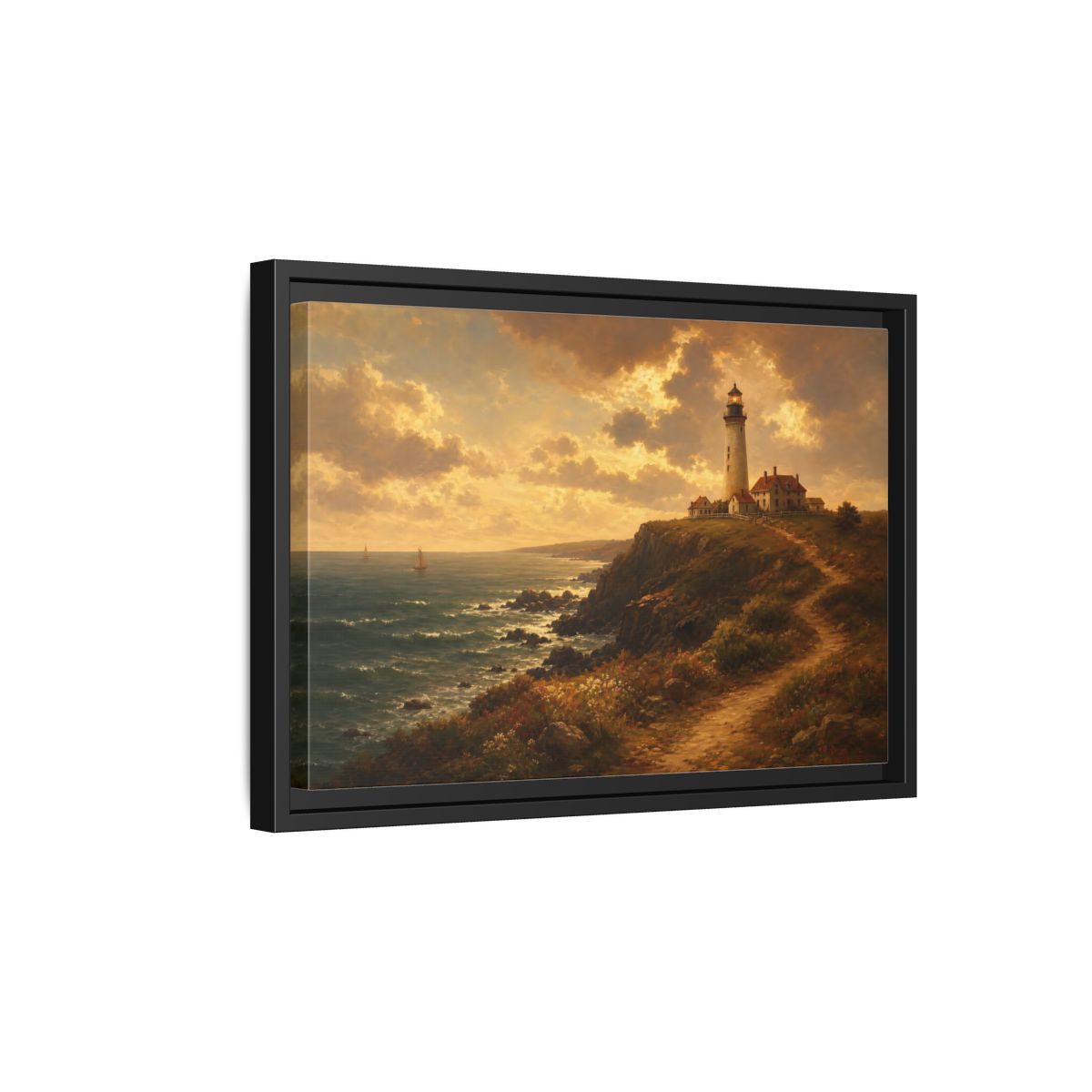 Side Mockup 6. Sunlit Cliff Lighthouse shown as framed canvas print