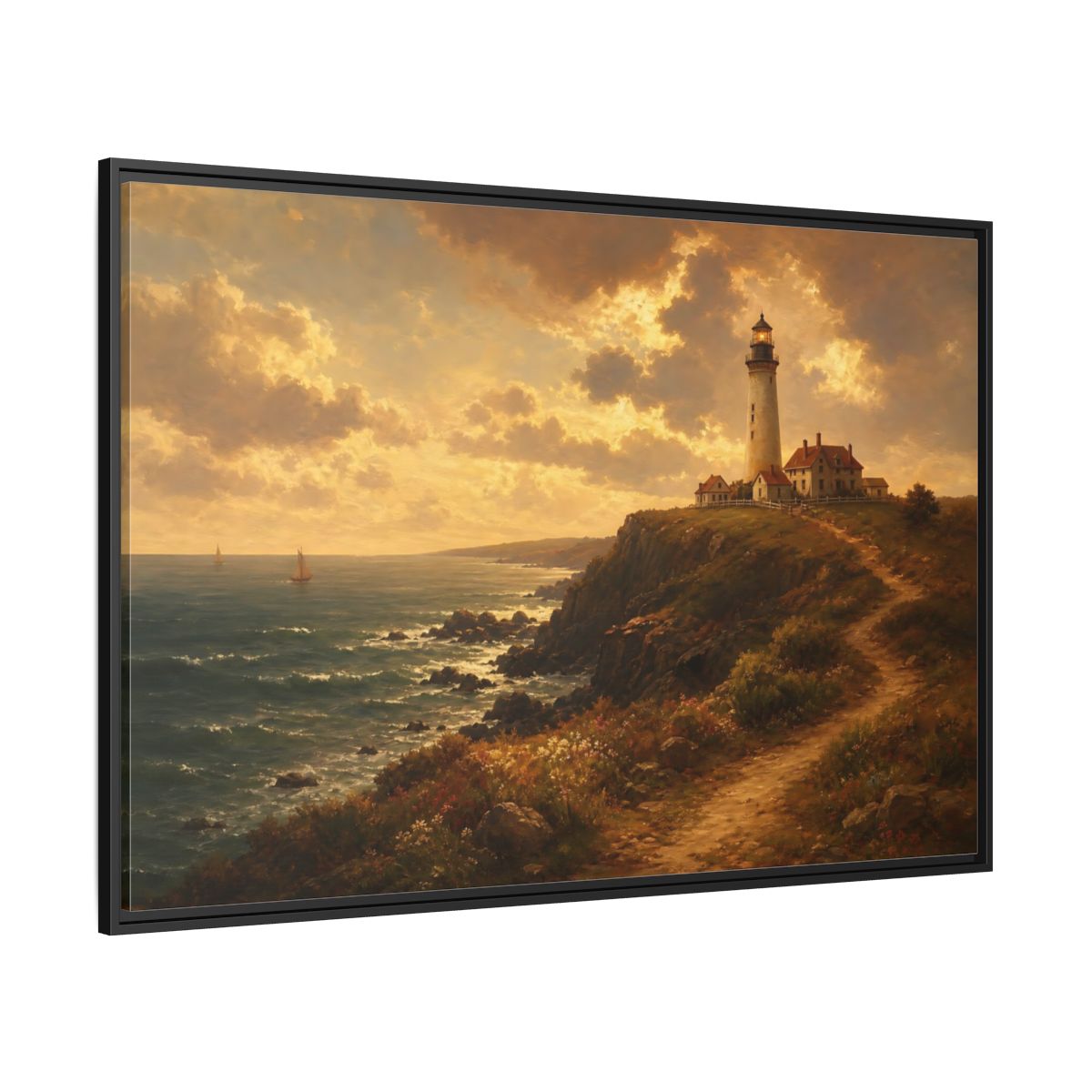 Side Mockup 12. Sunlit Cliff Lighthouse shown as framed canvas print