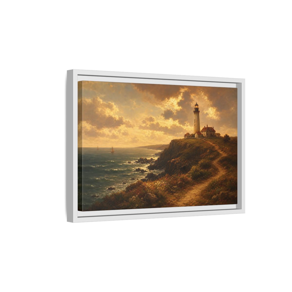 Side Mockup 4. Sunlit Cliff Lighthouse shown as framed canvas print