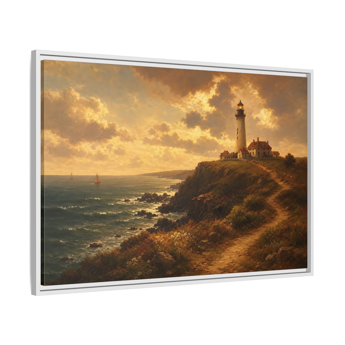 Side Mockup 9. Sunlit Cliff Lighthouse shown as framed canvas print