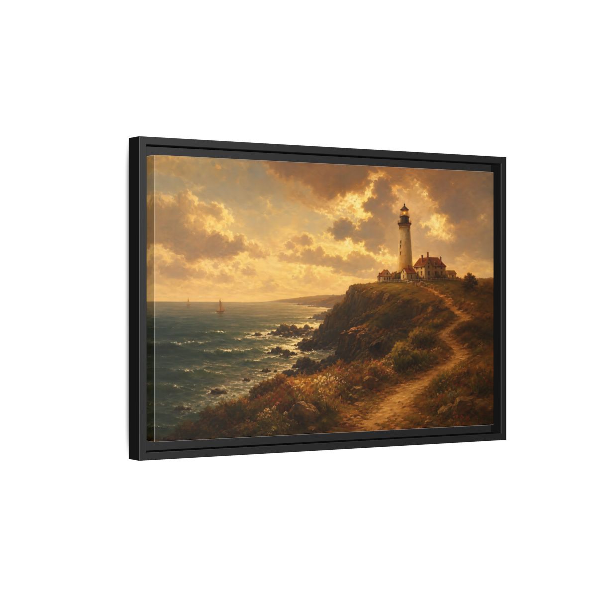 Side Mockup 3. Sunlit Cliff Lighthouse shown as framed canvas print
