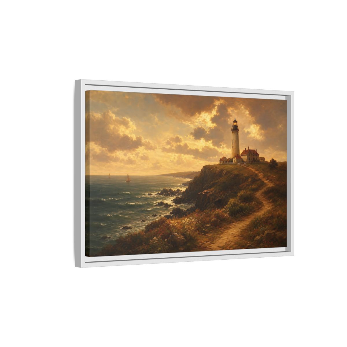 Side Mockup 1. Sunlit Cliff Lighthouse shown as framed canvas print